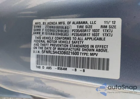2013 Honda Odyssey Ex z USA, uszkodzony, nr VIN 5FNRL5H43DB021600